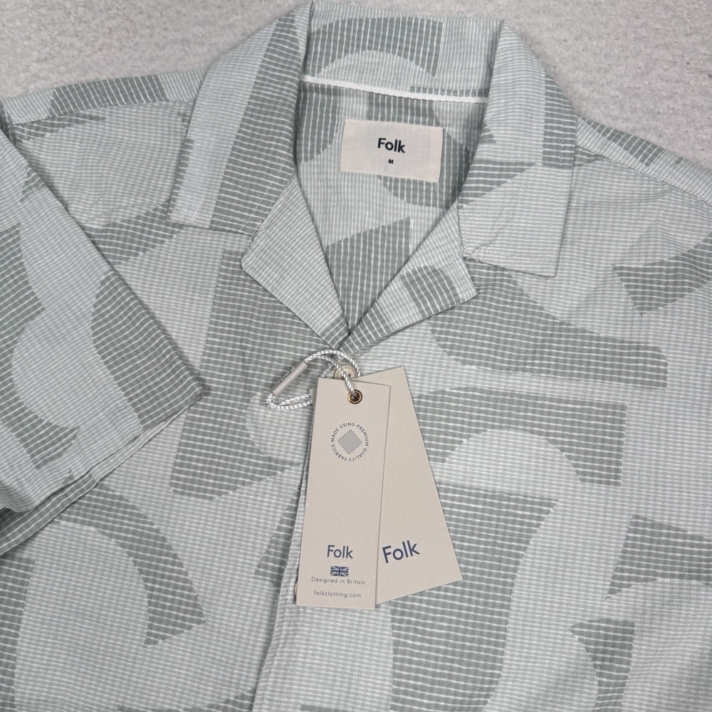 Folk Bays Seersucker Camp Shirt Mens Medium Sage Geometric Cotton Short Sleeve